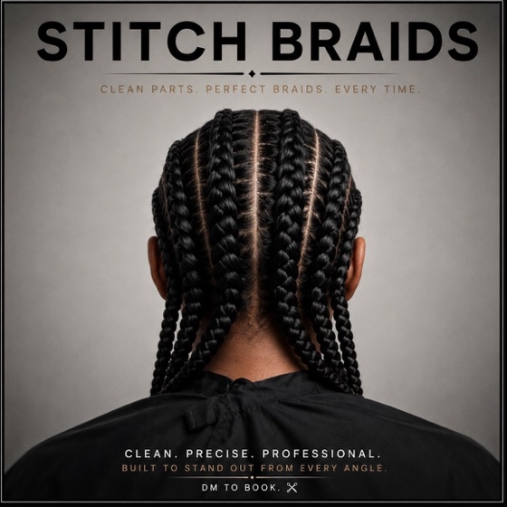 Stitch braids, shot from behind: clean parts and even rows.